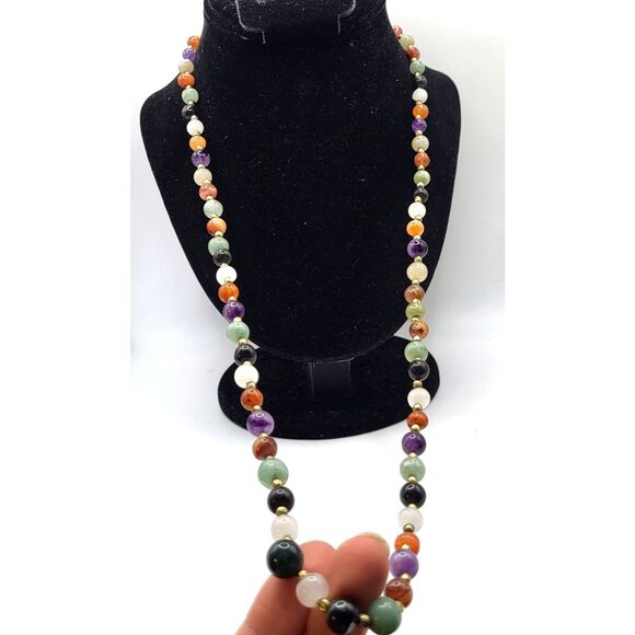 Vintage Gemstone Beaded Necklace LONG 38” screw clasp heavy STUNNING - Picture 4 of 5